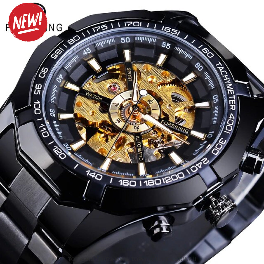 Automatic Mechanical Luxury Forsining Waterproof Self - Wind No Battery Watch Black Gold Men’s