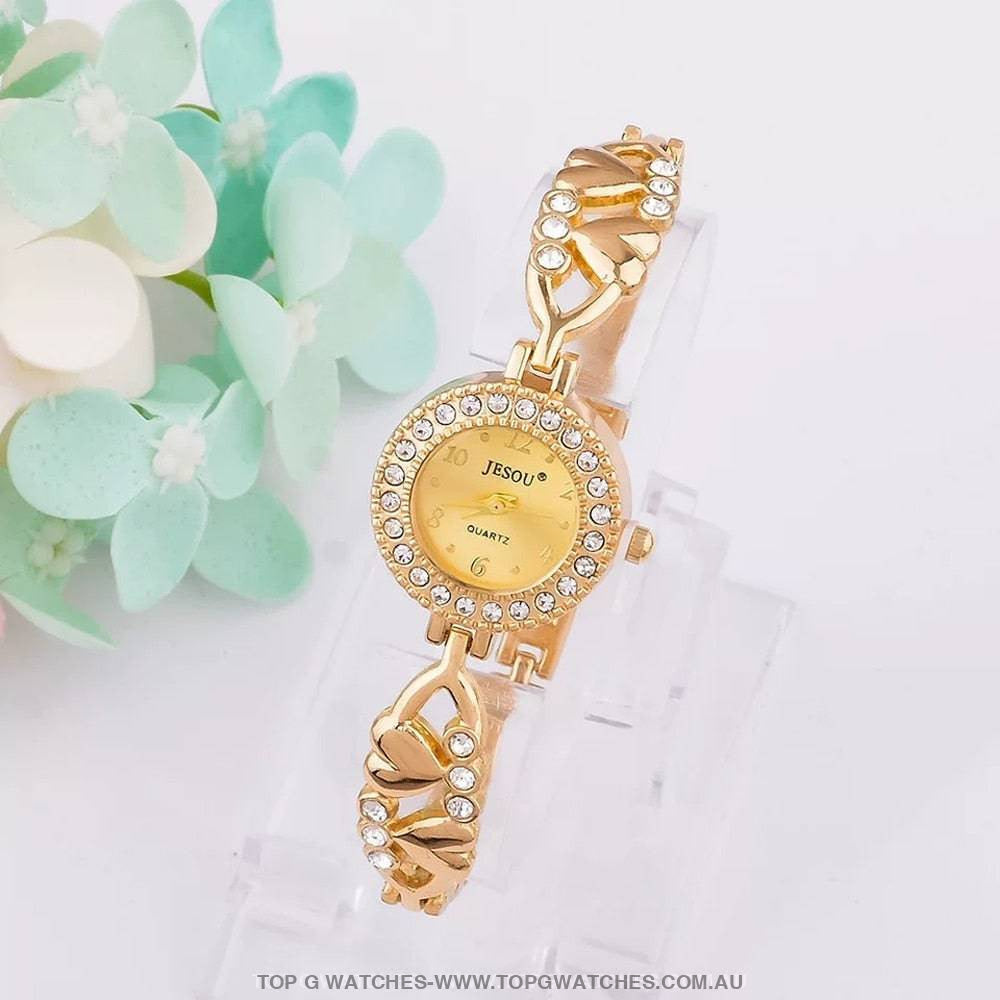 Beautiful Gold Crystal Quartz Wristwatch & Gold Crystal Necklace Earrings Ring Mega Jewelry Combo Set - Top G Watches