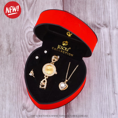 Beautiful Gold Crystal Quartz Wristwatch & Gold Crystal Necklace Earrings Ring Mega Jewelry Combo Set - Top G Watches