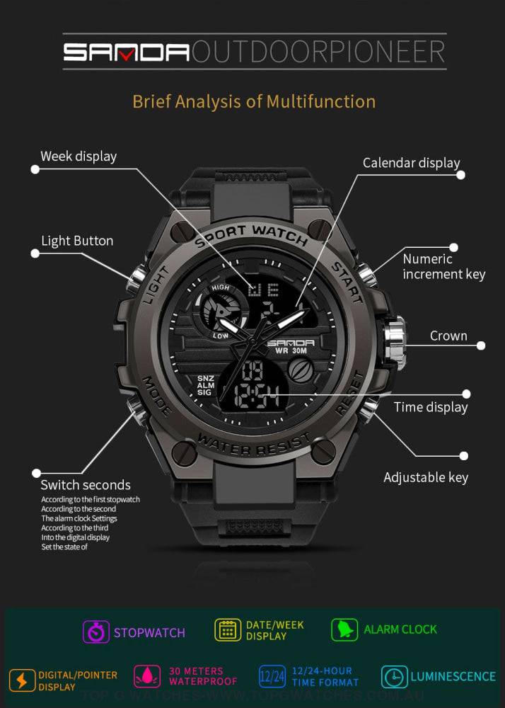 G Style Shock SANDA Sports Military Dual Shockproof Waterproof Digital Top G Watches