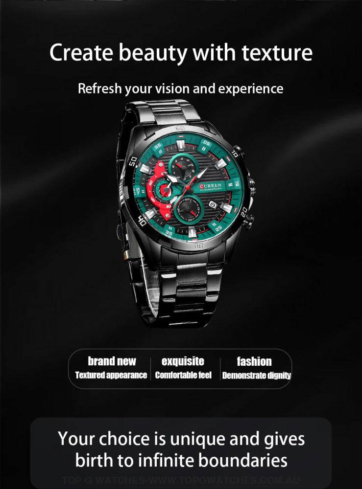 Curren Chronograph Sports Waterproof Stainless Steel Quartz Luminous Wristwatch - Top G Watches