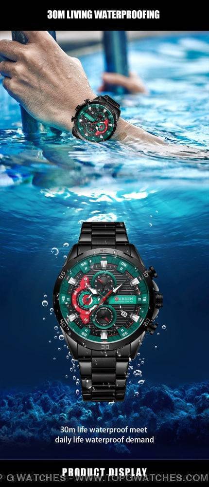 Curren Chronograph Sports Waterproof Stainless Steel Quartz Luminous Wristwatch - Top G Watches