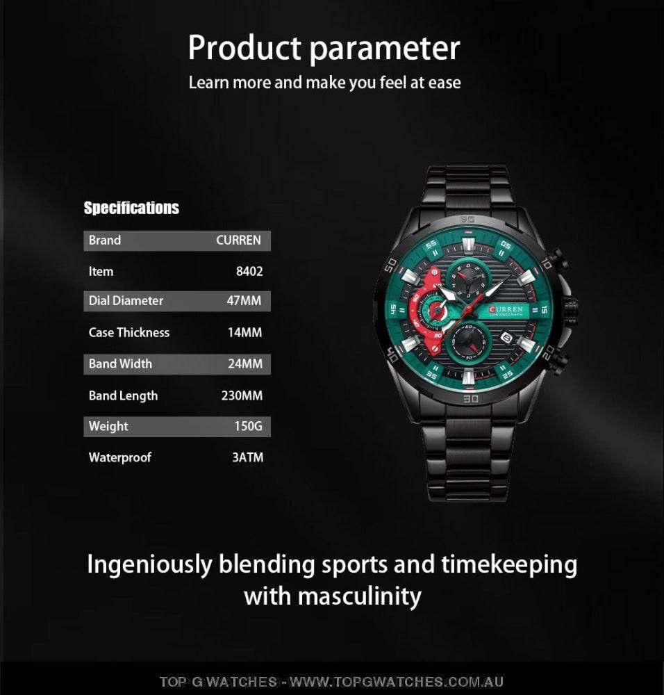 Curren Chronograph Sports Waterproof Stainless Steel Quartz Luminous Wristwatch - Top G Watches