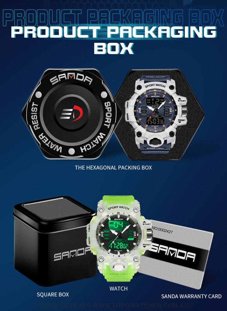 G-Style Shockproof Sanda Sports Dual Display Waterproof Digital Quartz Wristwatch - Top G Watches