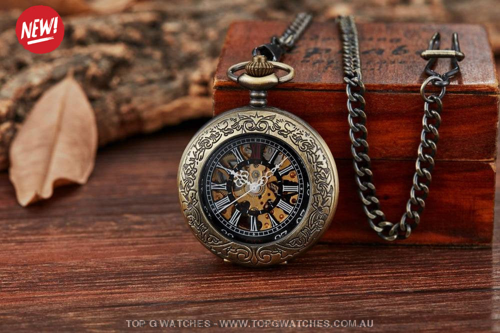 Bronze Gold Mechanical Hollow Design Roman Numeral Dial Skeleton Wind Quartz Pocket Chain Watch - Top G Watches