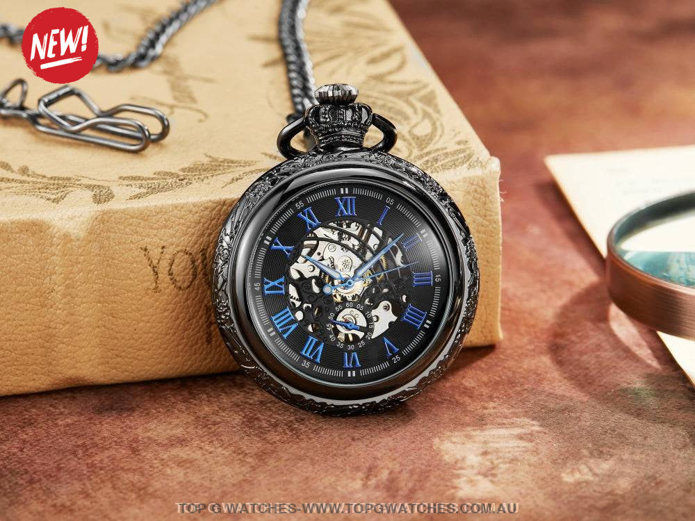 Bronze Gold Mechanical Hollow Design Roman Numeral Dial Skeleton Wind Quartz Pocket Chain Watch - Top G Watches