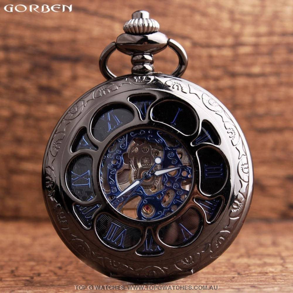 Bronze Gold Mechanical Hollow Design Roman Numeral Dial Skeleton Wind Quartz Pocket Chain Watch - Top G Watches