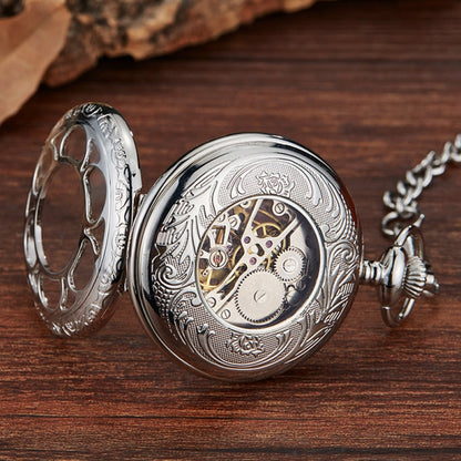 Bronze Gold Mechanical Hollow Design Roman Numeral Dial Skeleton Wind Quartz Pocket Chain Watch - Top G Watches