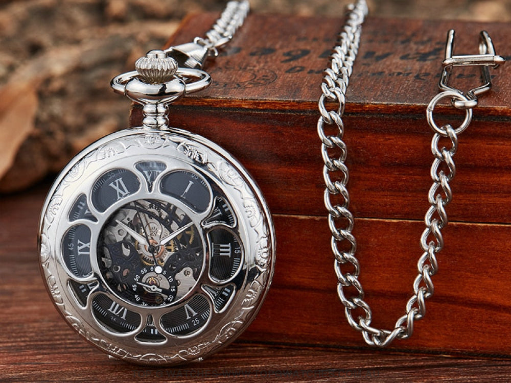 Bronze Gold Mechanical Hollow Design Roman Numeral Dial Skeleton Wind Quartz Pocket Chain Watch - Top G Watches