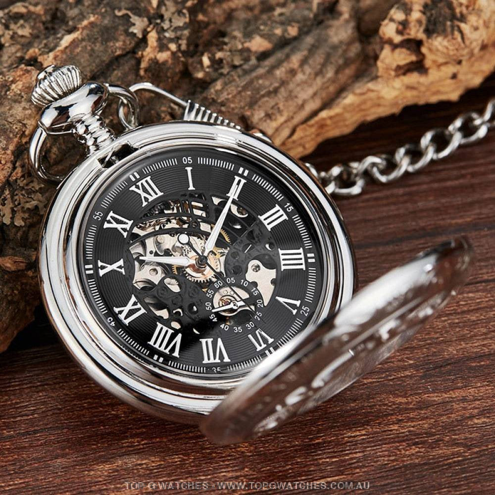 Bronze Gold Mechanical Hollow Design Roman Numeral Dial Skeleton Wind Quartz Pocket Chain Watch - Top G Watches