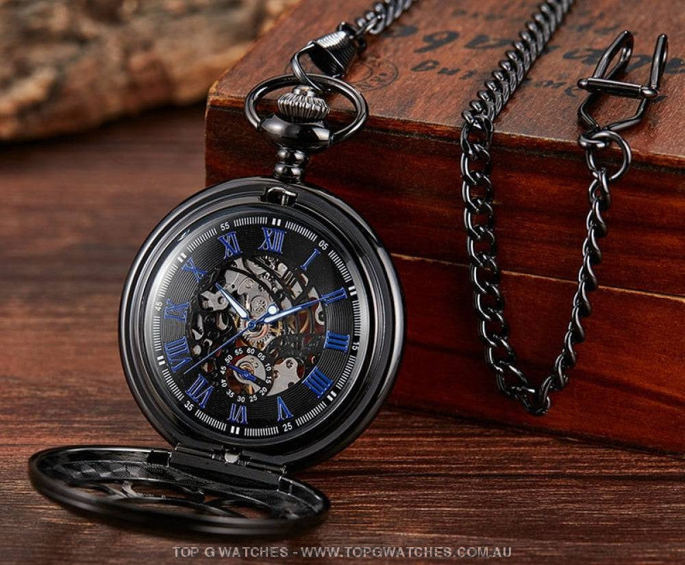 Bronze Gold Mechanical Hollow Design Roman Numeral Dial Skeleton Wind Quartz Pocket Chain Watch - Top G Watches