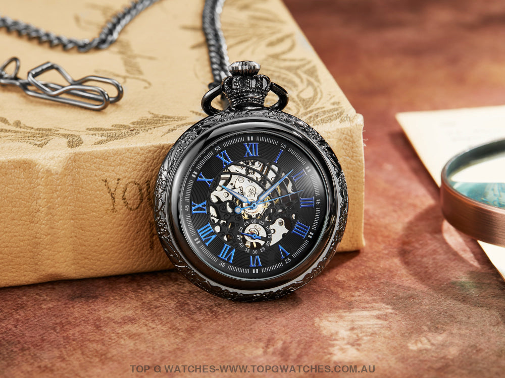 Bronze Gold Mechanical Hollow Design Roman Numeral Dial Skeleton Wind Quartz Pocket Chain Watch - Top G Watches