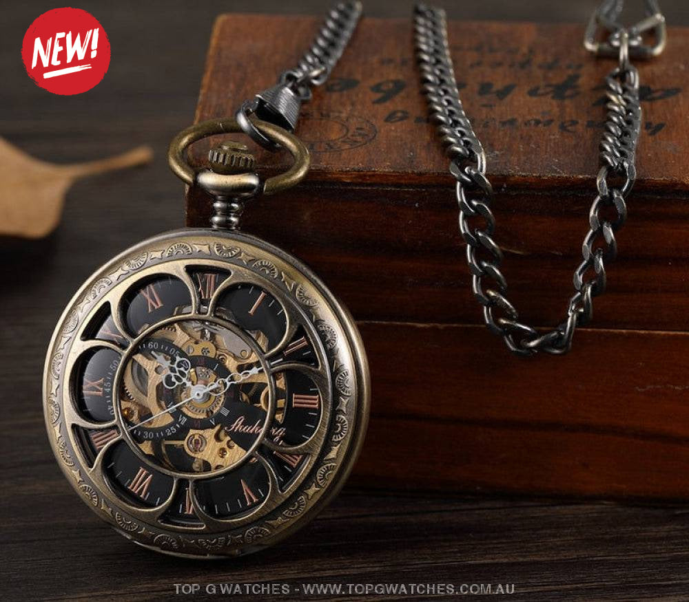 Bronze Gold Mechanical Hollow Design Roman Numeral Dial Skeleton Wind Quartz Pocket Chain Watch - Top G Watches