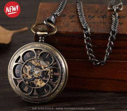 Bronze Gold Mechanical Hollow Design Roman Numeral Dial Skeleton Wind Quartz Pocket Chain Watch - Top G Watches