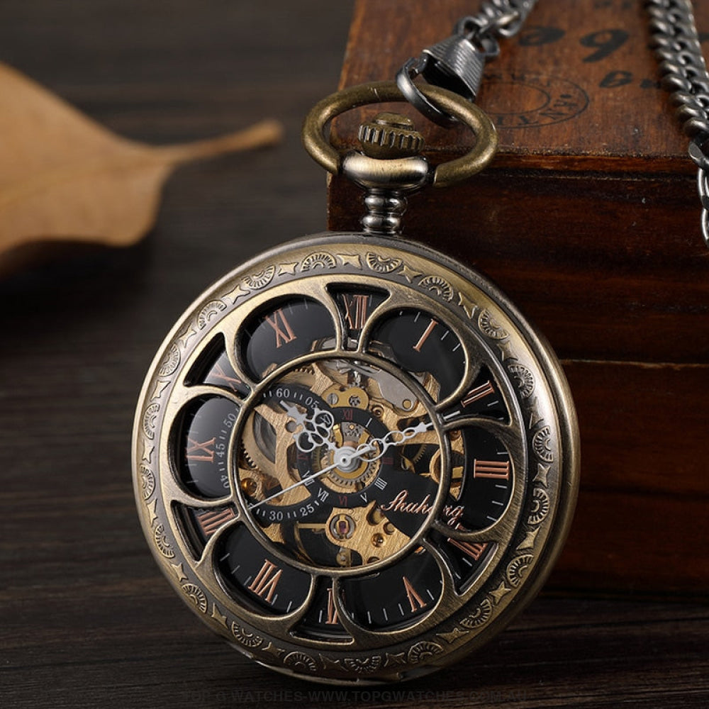 Bronze Gold Mechanical Hollow Design Roman Numeral Dial Skeleton Wind Quartz Pocket Chain Watch - Top G Watches