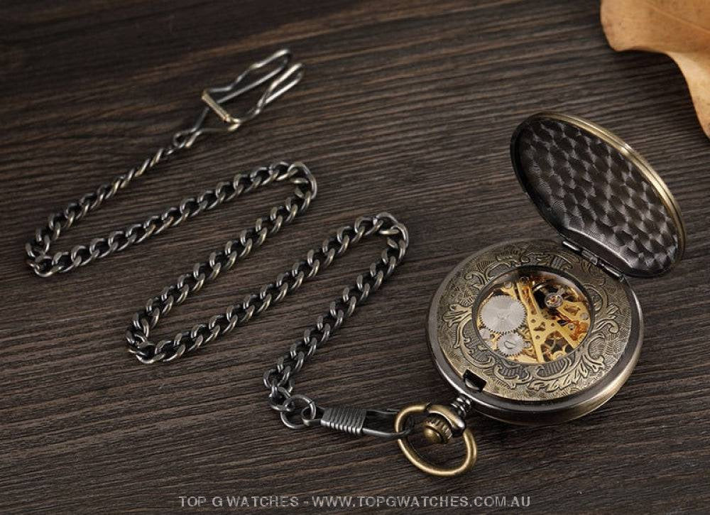 Bronze Gold Mechanical Hollow Design Roman Numeral Dial Skeleton Wind Quartz Pocket Chain Watch - Top G Watches