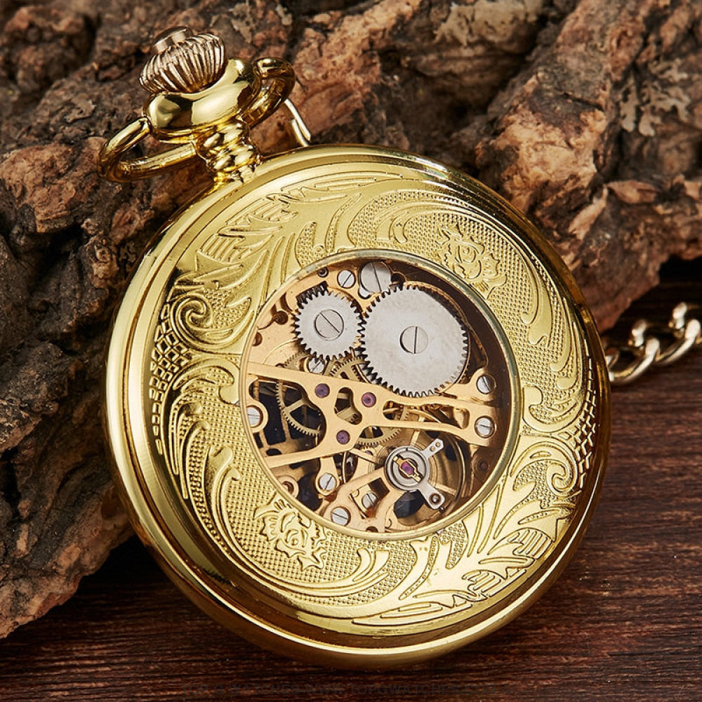 Bronze Gold Mechanical Hollow Design Roman Numeral Dial Skeleton Wind Quartz Pocket Chain Watch - Top G Watches