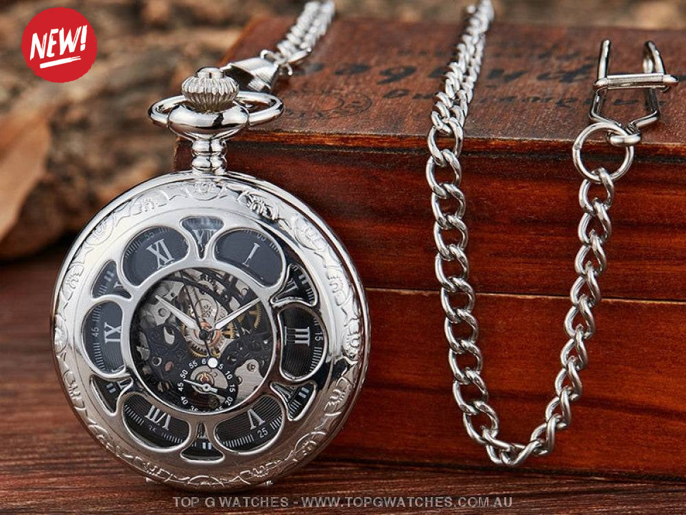 Bronze Gold Mechanical Hollow Design Roman Numeral Dial Skeleton Wind Quartz Pocket Chain Watch - Top G Watches