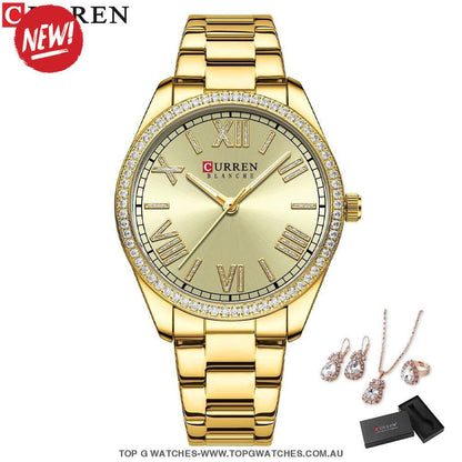 Ladies' CURREN Diamond Finish Luxury 5pc Jewellery Set - 9088 Luxury Ring Earrings Necklace Watch Mega Combo. - Top G Watches