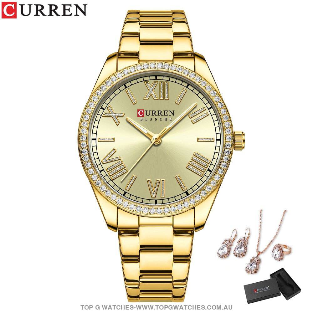 Ladies' CURREN Diamond Finish Luxury 5pc Jewellery Set - 9088 Luxury Ring Earrings Necklace Watch Mega Combo. - Top G Watches