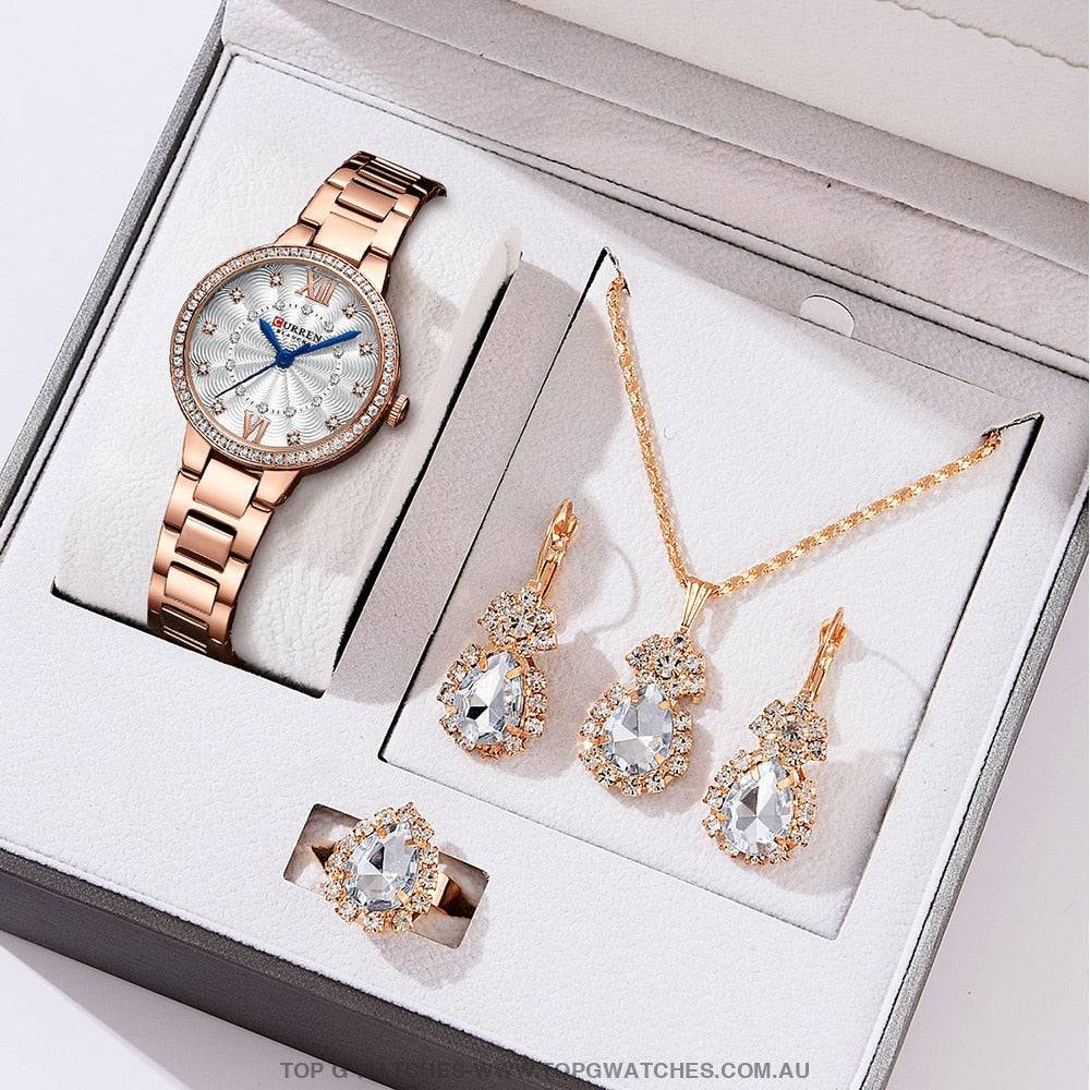 Ladies' CURREN Diamond Finish Luxury 5pc Jewellery Set - 9088 Luxury Ring Earrings Necklace Watch Mega Combo. - Top G Watches