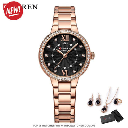 Ladies' CURREN Diamond Finish Luxury 5pc Jewellery Set - 9085 Luxury Ring Earrings Necklace Watch Mega Combo. - Top G Watches