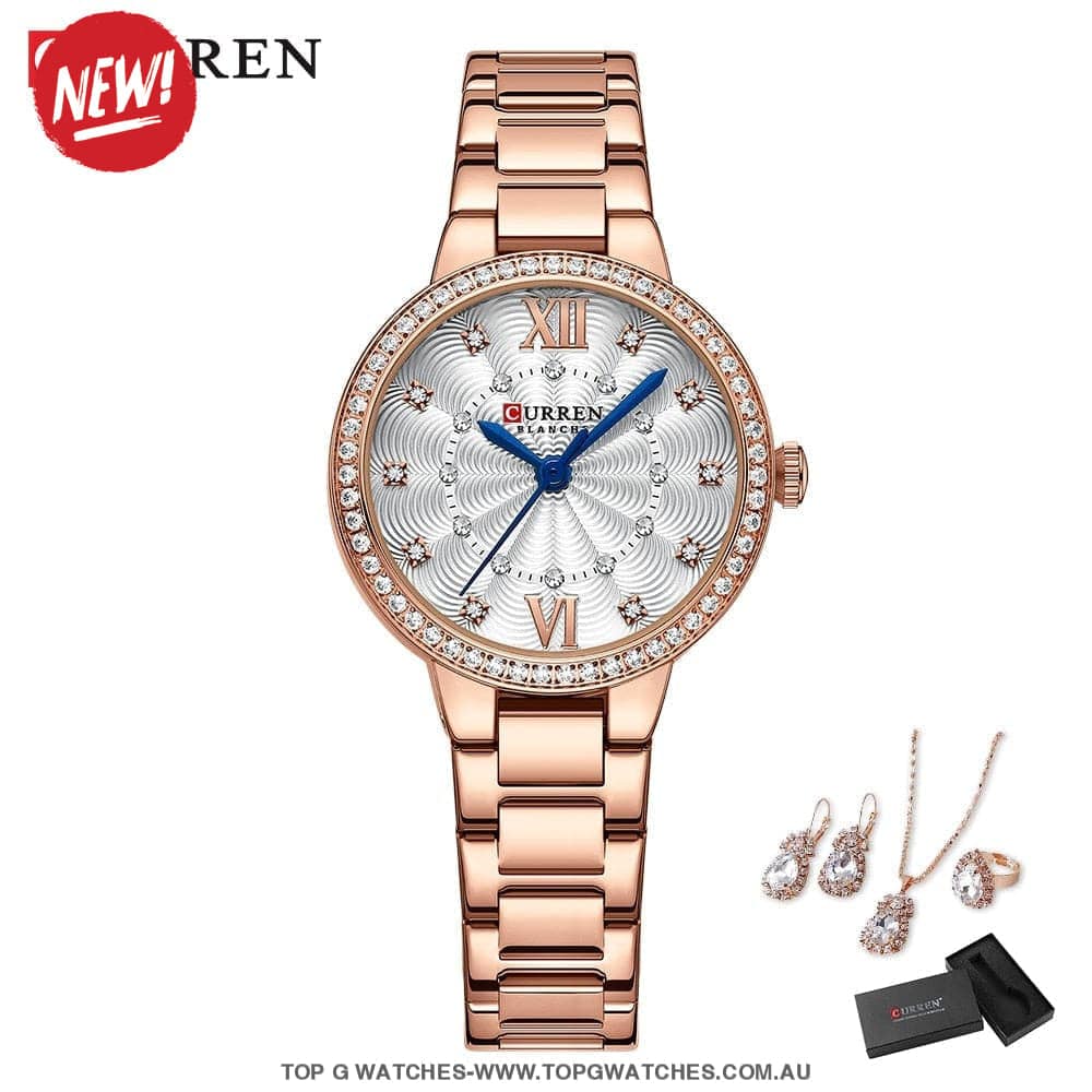 Ladies' CURREN Diamond Finish Luxury 5pc Jewellery Set - 9085 Luxury Ring Earrings Necklace Watch Mega Combo. - Top G Watches