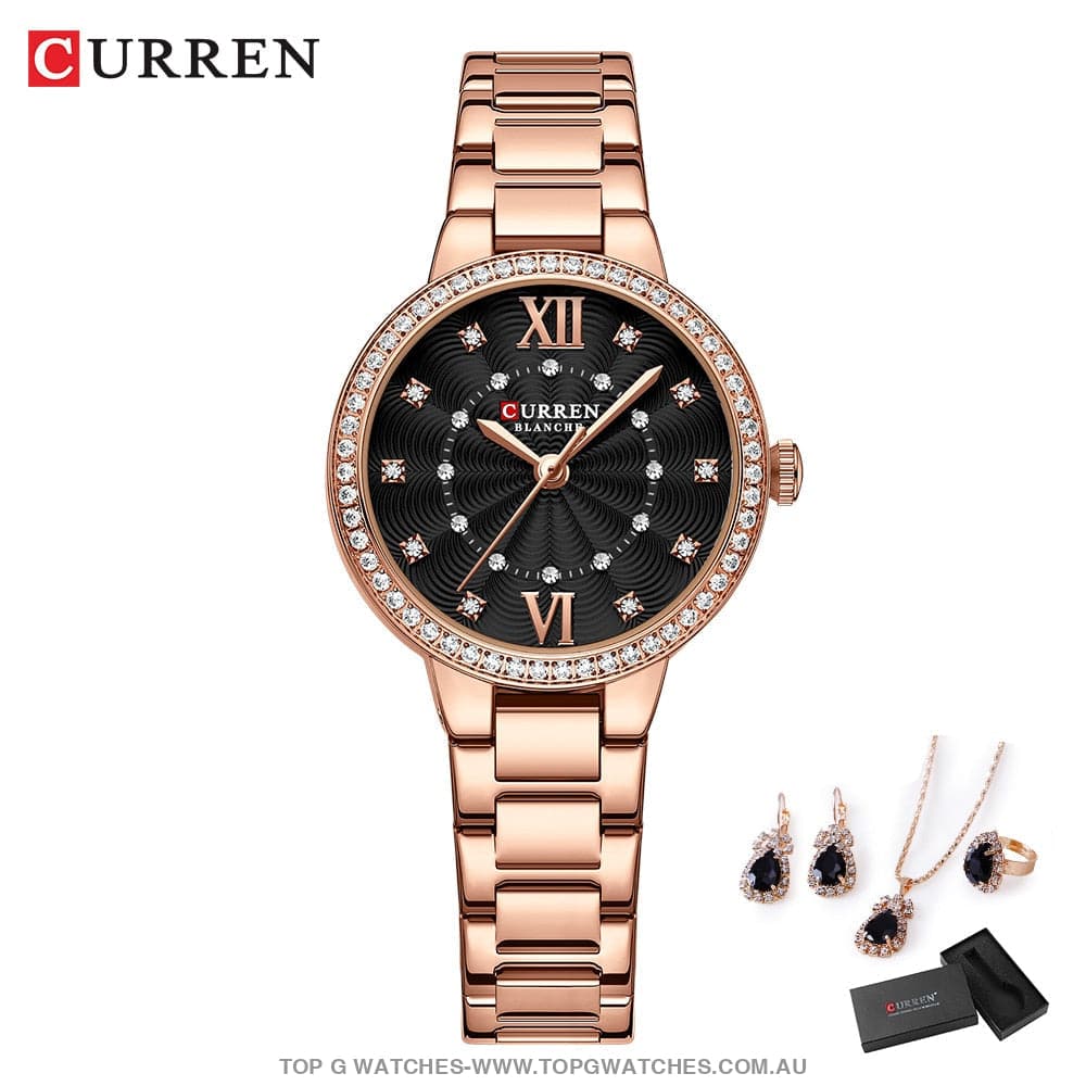 Ladies' CURREN Diamond Finish Luxury 5pc Jewellery Set - 9085 Luxury Ring Earrings Necklace Watch Mega Combo. - Top G Watches