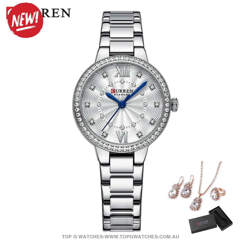 Ladies' CURREN Diamond Finish Luxury 5pc Jewellery Set - 9085 Luxury Ring Earrings Necklace Watch Mega Combo. - Top G Watches