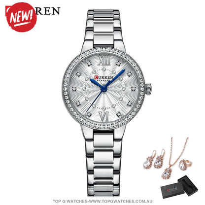 Ladies' CURREN Diamond Finish Luxury 5pc Jewellery Set - 9085 Luxury Ring Earrings Necklace Watch Mega Combo. - Top G Watches