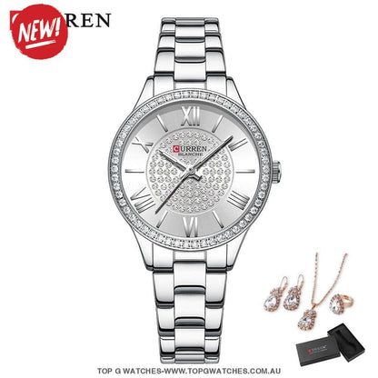 Ladies' CURREN Diamond Finish Luxury 5pc Jewellery Set - 9084 Luxury Ring Earrings Necklace Watch Mega Combo. - Top G Watches