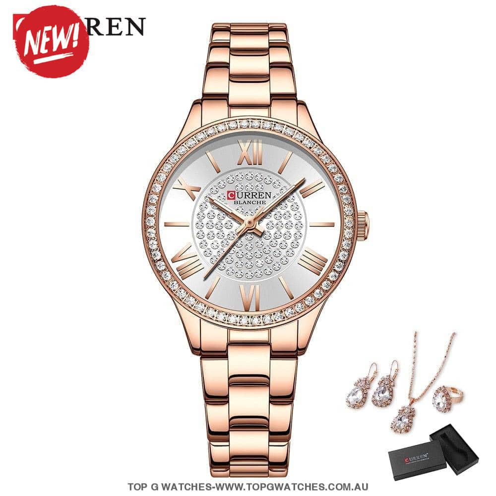 Ladies' CURREN Diamond Finish Luxury 5pc Jewellery Set - 9084 Luxury Ring Earrings Necklace Watch Mega Combo. - Top G Watches