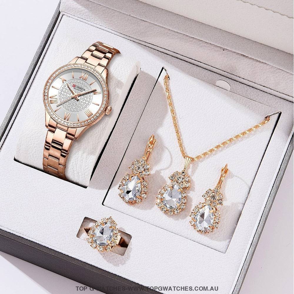 Ladies' CURREN Diamond Finish Luxury 5pc Jewellery Set - Series 9086 Luxury Ring Earrings Necklace Watch Mega Combo. - Top G Watches