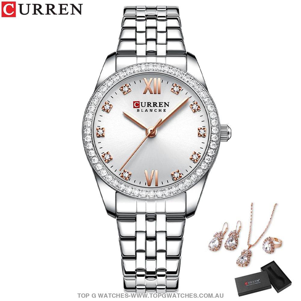 Ladies' CURREN Diamond Finish Luxury 5pc Jewellery Set - Series 9086 Luxury Ring Earrings Necklace Watch Mega Combo. - Top G Watches