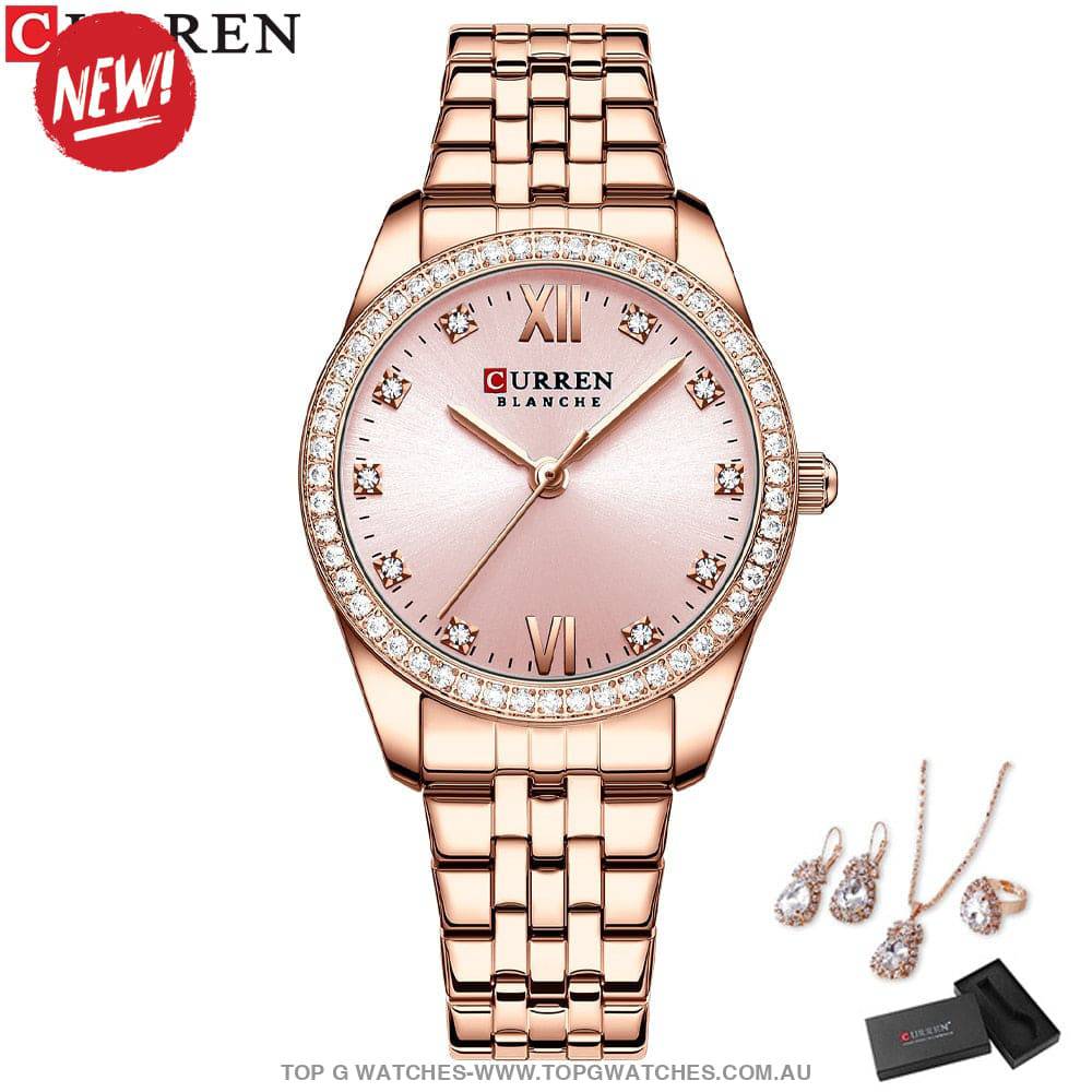 Ladies' CURREN Diamond Finish Luxury 5pc Jewellery Set - Series 9086 Luxury Ring Earrings Necklace Watch Mega Combo. - Top G Watches