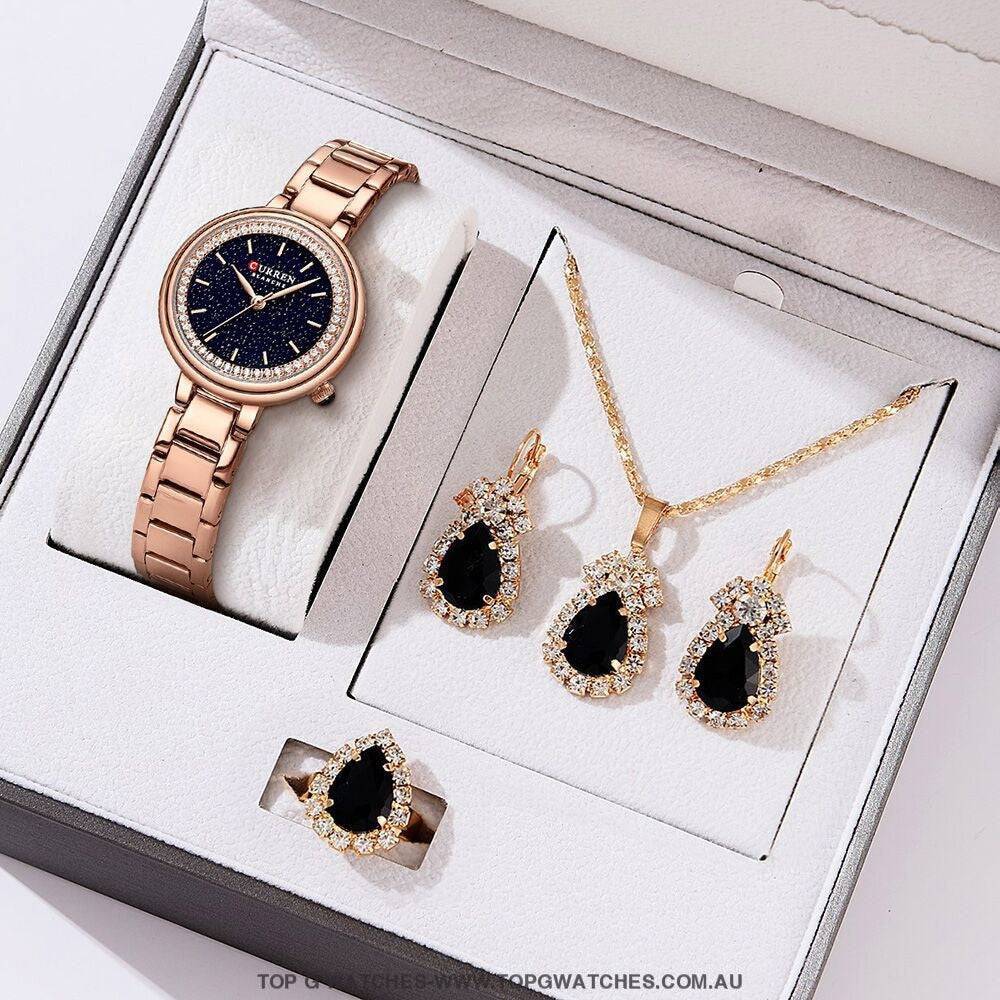 Ladies' CURREN Diamond Finish Luxury 5pc Jewellery Set - Series 9086 Luxury Ring Earrings Necklace Watch Mega Combo. - Top G Watches