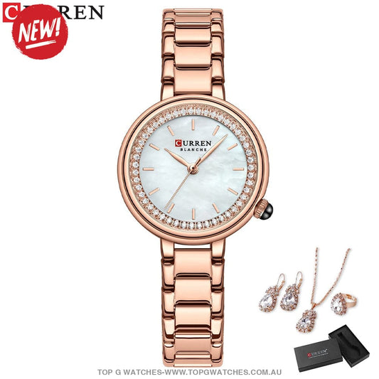 Ladies' CURREN Diamond Finish Luxury 5pc Jewellery Set - 9089 Luxury Ring Earrings Necklace Watch Mega Combo. - Top G Watches