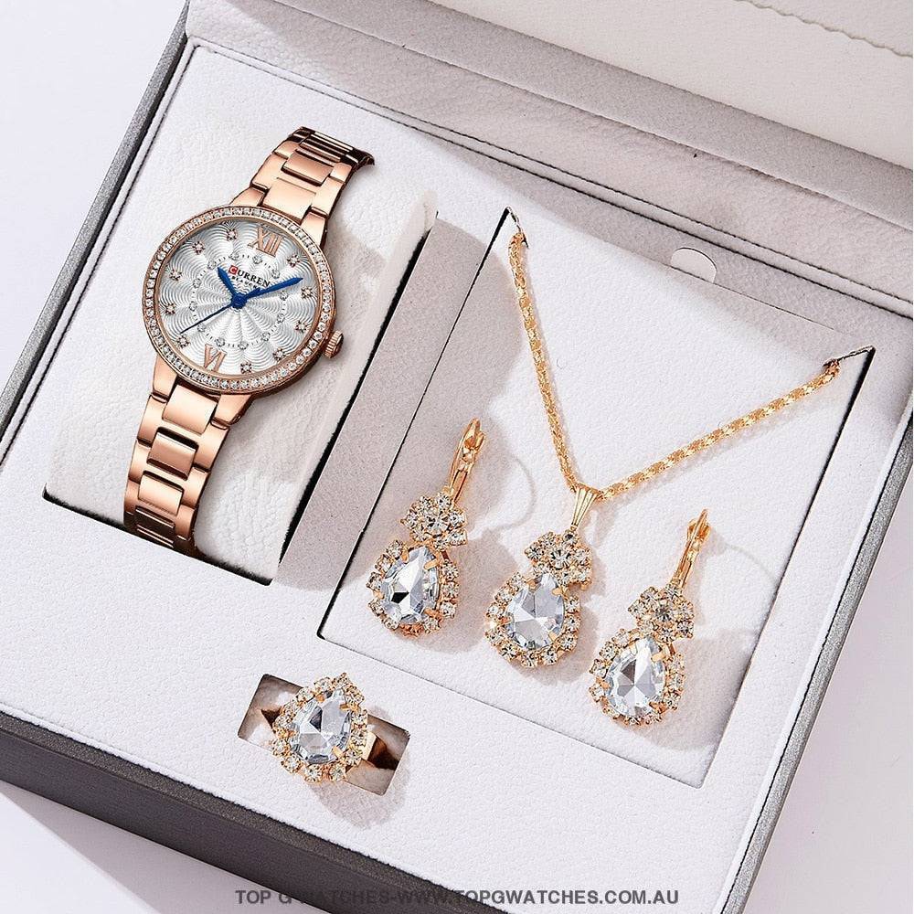 Ladies' CURREN Diamond Finish Luxury 5pc Jewellery Set - 9089 Luxury Ring Earrings Necklace Watch Mega Combo. - Top G Watches