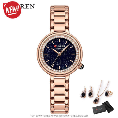 Ladies' CURREN Diamond Finish Luxury 5pc Jewellery Set - 9089 Luxury Ring Earrings Necklace Watch Mega Combo. - Top G Watches