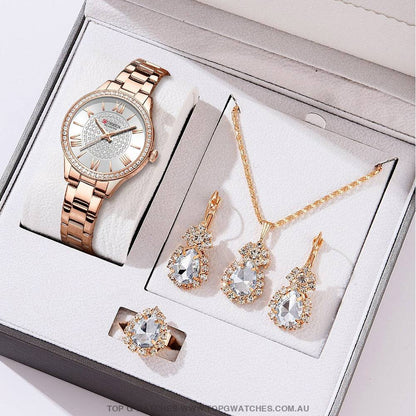 Ladies' CURREN Diamond Finish Luxury 5pc Jewellery Set - 9089 Luxury Ring Earrings Necklace Watch Mega Combo. - Top G Watches