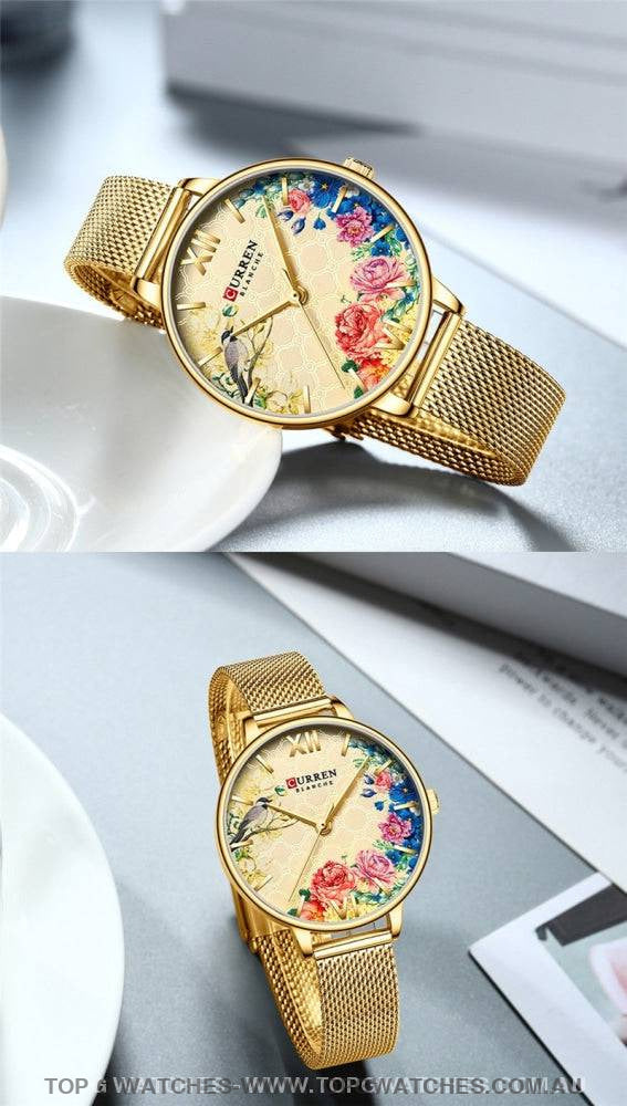 Flower Rose Curren Elegant Gold Waterproof Mesh Bracelet Ladies' Wristwatch - Top G Watches