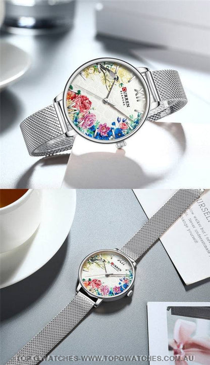 Flower Rose Curren Elegant Gold Waterproof Mesh Bracelet Ladies' Wristwatch - Top G Watches