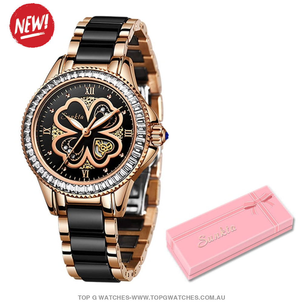 Luxury Sunkta Rose Gold Lucky Clover Dress Fashion Quartz Bracelet Watch - Top G Watches