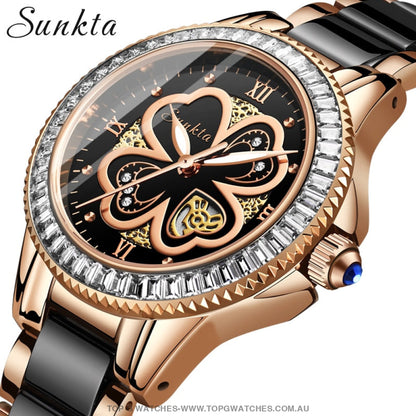 Luxury Sunkta Rose Gold Lucky Clover Dress Fashion Quartz Bracelet Watch - Top G Watches