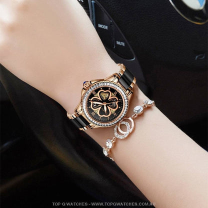 Four Leaf Clover Sunkta Rose Gold Luxury Dress Fashion Quartz Bracelet Watch - Top G Watches