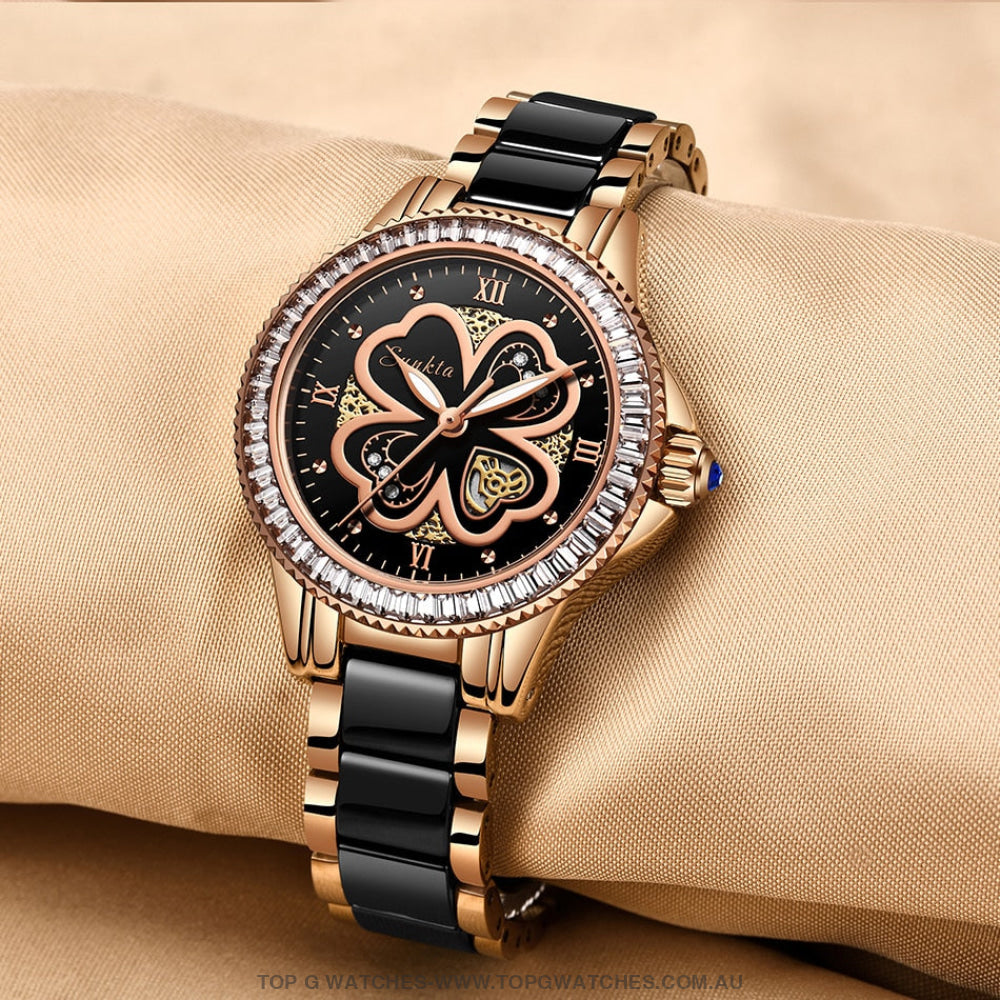 Luxury Sunkta Rose Gold Lucky Clover Dress Fashion Quartz Bracelet Watch - Top G Watches