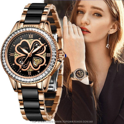 Four Leaf Clover Sunkta Rose Gold Luxury Dress Fashion Quartz Bracelet Watch - Top G Watches