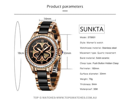 Four Leaf Clover Sunkta Rose Gold Luxury Dress Fashion Quartz Bracelet Watch - Top G Watches