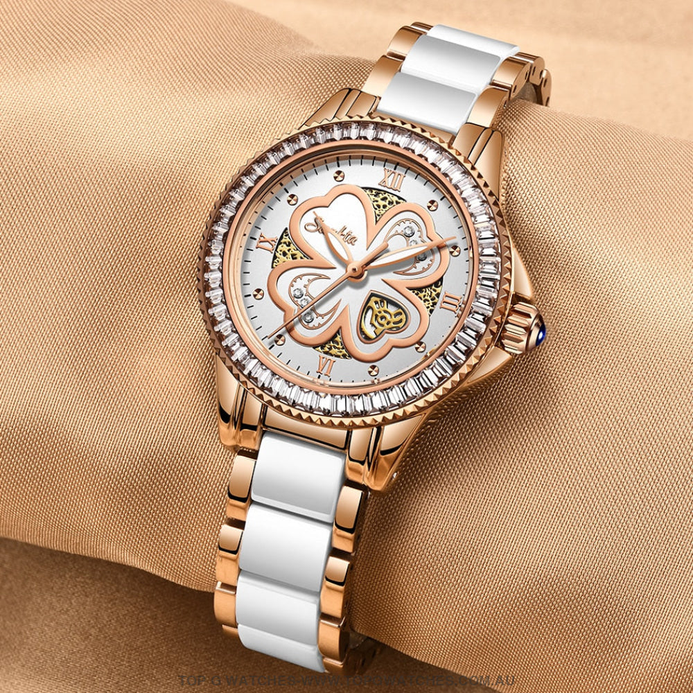 Luxury Sunkta Rose Gold Lucky Clover Dress Fashion Quartz Bracelet Watch - Top G Watches