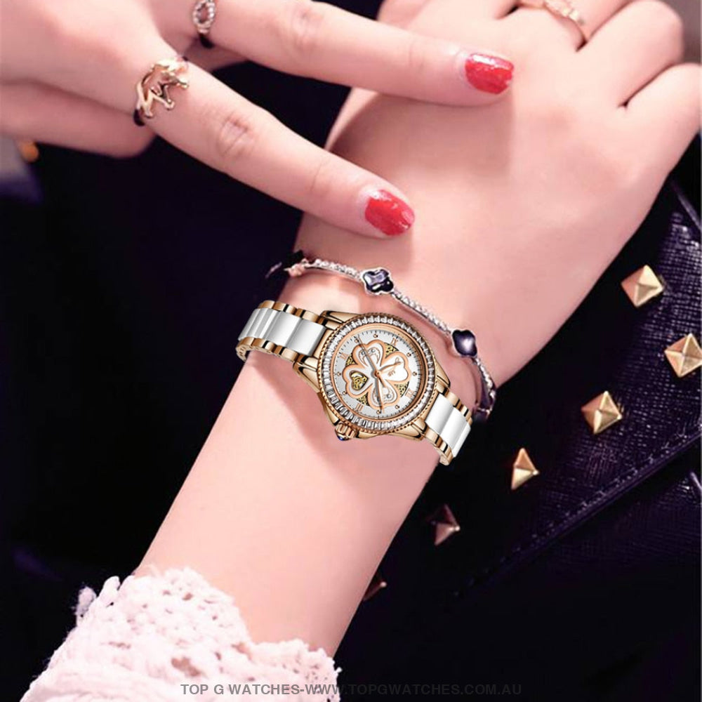 Luxury Sunkta Rose Gold Lucky Clover Dress Fashion Quartz Bracelet Watch - Top G Watches